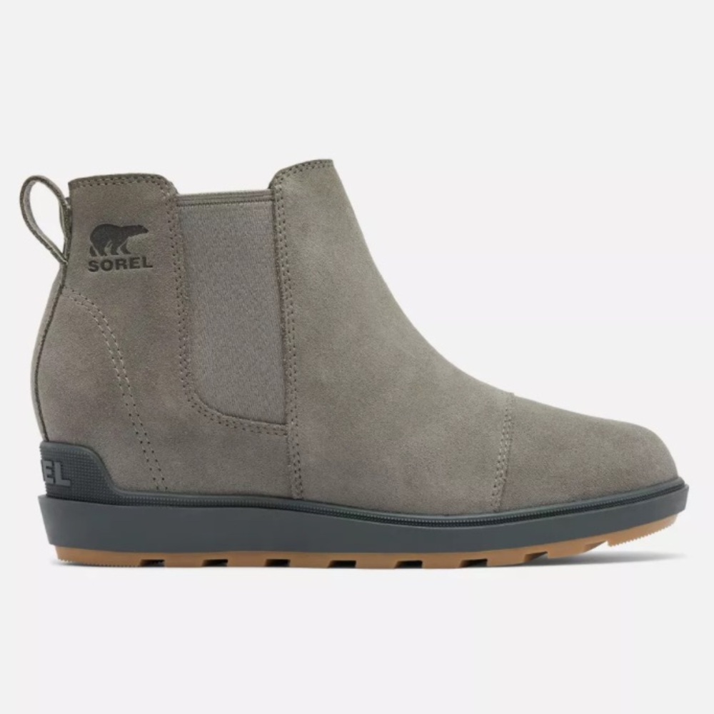 NEW SOREL EVIE II QUARRY, GRILL GRAY ANKLE HIDDEN WEDGE CHELSEA BOOTS SIZE 9.5.